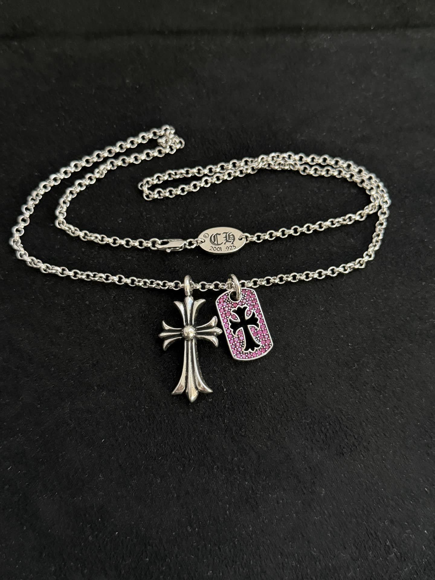 Chrome Hearts Silver Cross Pendant with Pink Enamel Tag